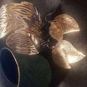 Two tropical leaf cuff brackets and earrings.